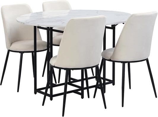 Merax 47.2” Round Dining Table Set for 4, Foldable Kitchen Dining Table with 11.8” Drop Leaves, Faux Marble Top with Golden Frame, 4 Upholstered Chairs (White+Beige)