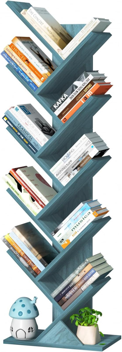 10 Tier Tree Book Shelf, Floor Standing Wood Bookshelf for Narrow Space, Storage Organizer Bookshelves for Books/CDs/Magazine, Bookcase with Shelves for Home Office, Living Room - Blue