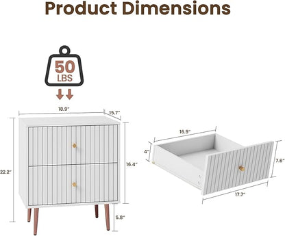 White Night Stand Set 2,Modern Bedside Table with 2 Drawers Storage,Fluted Nightstand and Wood End Side Table with Rose Gold Metal Legs and Handles for Bedroom,White