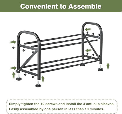 2-Tier Shoe Rack for Closet, 16"-33" Expandable ShoeRack, Adjustable for Entryway Closet Doorway SturdyMetal, Black