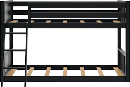 Max & Lily Low Bunk Bed, Scandinavian Modern Bunk Bed, Solid Wood Twin-Over-Twin Bed Frame for Kids, No Box Spring Needed, Black