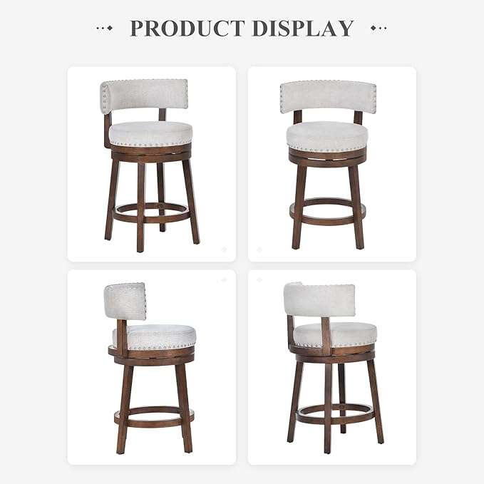 COLAMY Swivel Bar Stool, Modern Swivel Barstool with Back, Counter Height Bar Stools, 25 Inch Upholstered Wood Barstool for Kitchen Island Dining Room Bar, Beige