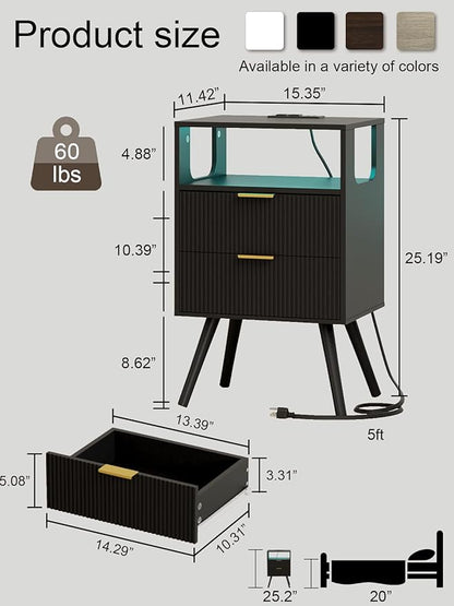 Nightstand, Modern Bedside Table with 2 Storage Drawer and Open Wood Shelf for Bedroom and Small Spaces, Night Stand with Solid Wood Legs (Black-Outlet)