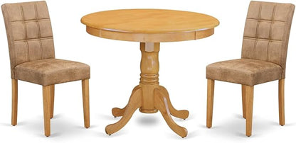 East West Furniture ANAS3-OAK-28 3 Piece Modern Dining Set consists A Dining Room Table and 2 Brown Textured Polyester Fabric Upholstered Dining Chairs, Oak