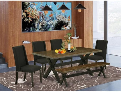 East West Furniture X677FL624-6 6 Piece Dining Set Contains a Rectangle Dining Room Table with X-Legs and 4 Black Linen Fabric Parson Chairs with a Bench, 40x72 Inch, Multi-Color