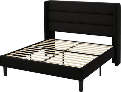Allewie Full Size Platform Bed Frame with Velvet Upholstered Wingback Headboard, No Box Spring Needed, Under Bed Storage Space, Strong Wooden Slats, Modern Mattress Foundation, Easy Assembly, Black