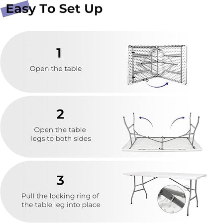 Folding Table 6ft Portable Heavy Duty Plastic Fold-in-Half Utility Foldable Table Plastic Dining Indoor Outdoor for Camping, Picnic and Party, White