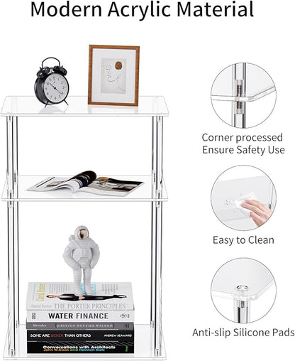 Clear Acrylic Side Table, 3-Tier End Table for Living Room, Small Bedside Tables Nightstand for Bedroom Set of 2, Home Decor Accent Table, 15.7" L x 11.8" W x 23.6" H