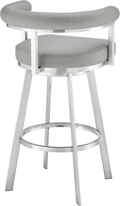 Armen Living Magnolia Swivel Counter Stool in Brushed Stainless Steel with Light Grey Faux Leather