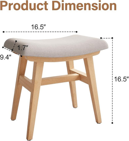 Solid Wood Small Vanity Stool, Compact Makeup Chair with Saddle Cushion, Linen-Covered High Rebound Sponge Seat, Easy Assembly Footstool for Bedroom, Entryway, Home, Natural