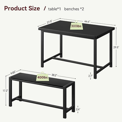 Dining Table Set for 4 with 2 Benches, 3-Piece Kitchen Table Set, Space-Saving Dining Set for Kitchen, Dining Room, Black