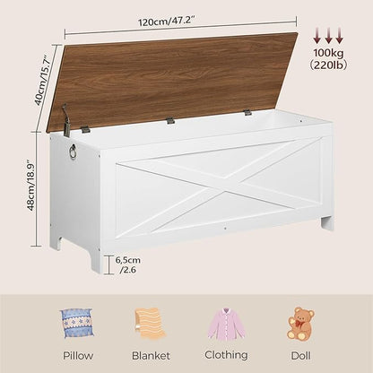 47.2" Toy Chest, Sturdy Entryway Storage Chest with Safety Hinge, Retro Toy Box, Wooden Look Accent Furniture for Living Room, Bedroom, White+Walnut SCBZ48801