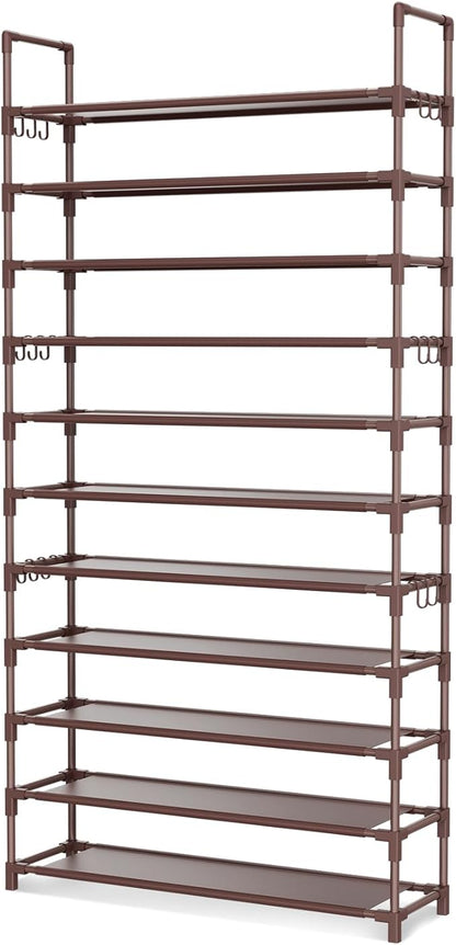 11 Tiers Tall Shoe Rack Holds 55 Pairs of Shoes with 18pcs Hooks Sturdy Wide Shoe Organizer Storage Free Standing Metal Shoe Shelf for Closet, Entryway Brown