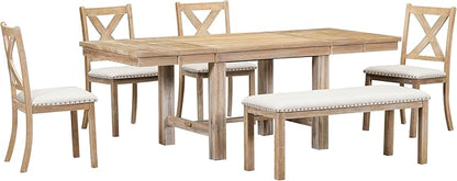 Ball & Cast Farmhouse 6 Piece Extendable Dining Table with Footrest,Living Room Furniture w/ 4 Upholstered Dining Chairs & Dining Bench,2 11" Removable Leaf,for Dining Room & Kitchen,Natural+Beige