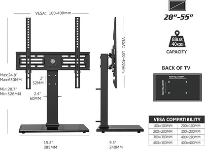 FITUEYES Universal TV Stand, Swivel TV Table Stands for 27-55 Inch Flat Screen, Tabletop TV Stand with Mount for Bedroom/Living Room, Height Adjustable, Holds up to 88 lbs, Glass Base, Black