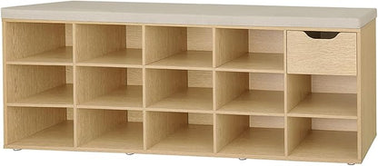 DINZI LVJ Shoe Bench, Entryway Storage Bench with Drawer and 14 Cubbies, Long Cubby Shoe Rack with Adjustable Shelves, Shoe Organizer for Living Room, Bedroom, Mudroom, Garage,Natural