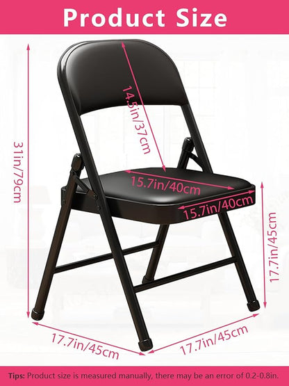 2 Pack Folding Chairs with Leather Padded Cushion and Back, Metal Black Foldable Chair for Indoor Outdoor, Commercial Stackable Guest Chairs for Office Events Wedding Party Kitchen Dining