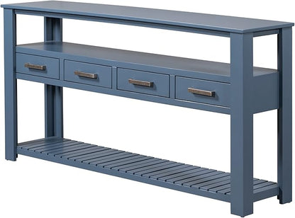 Ball & Cast 62.2“ Contemporary 4 Drawers Console Table, Long Entryway-Table with Drawer & 3 Tier Shelves, FarmhouseWood Storage Sofa Couch-Tables for Entrance Hallway Living, Blue