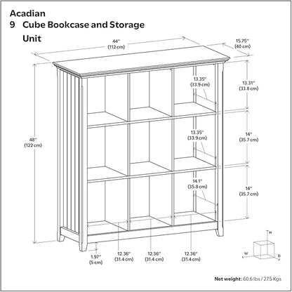 SIMPLIHOME Acadian Bookcase - 44 inch Tall 9-Cube Solid Wood Cube Organizer in Brunette Brown, Transitional Bookcase Storage for Living Room, Study Room or Office with Fixed Shelves and Tapered Legs