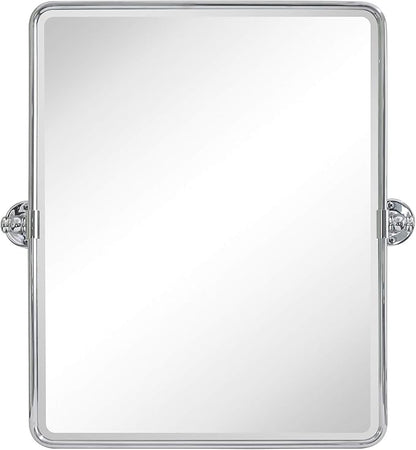 TEHOME 20 x 24 inch Farmhouse Chrome Metal Framed Pivot Rectangle Bathroom Mirror Rounded Rectangluar Tilting Beveled Vanity Mirrors for Wall