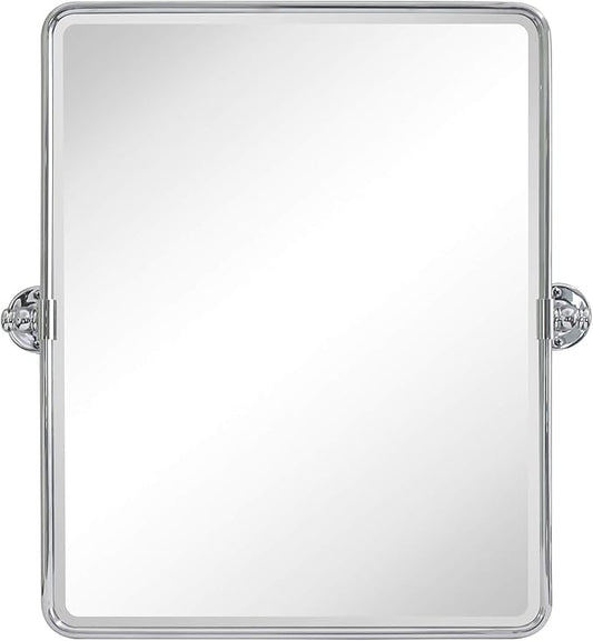 TEHOME 20 x 24 inch Farmhouse Chrome Metal Framed Pivot Rectangle Bathroom Mirror Rounded Rectangluar Tilting Beveled Vanity Mirrors for Wall