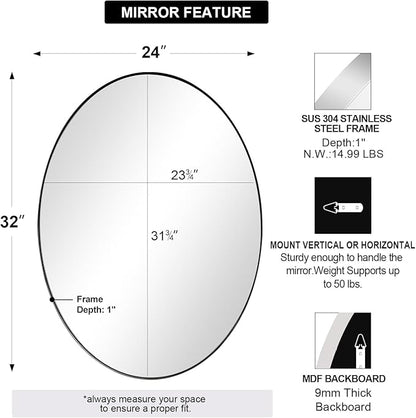 ANDY STAR Chrome Bathroom Mirror, 24x32 Inch Polished Chrome Oval Wall Mirror for Bathroom, Modern Chrome Wall Mirror Pill Shaped Stainless Steel Metal Mirror