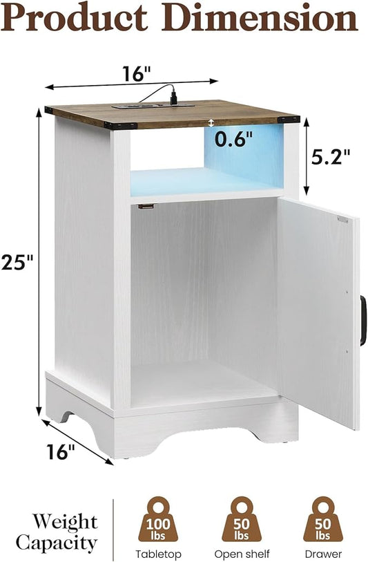 RoyalCraft Farmhouse Nightstand, White Night Stand with LED Lights and Charging Station, Bedside Table Set of 1 with Storage and Door, Wood End Table for Bedroom, Home Office, Antique White