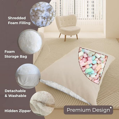 Wonder Space Bean Bag Chair – Soft Foam Filling | Removeable & Washable Cover | Ultra-Soft Plush Fabric - Minimalist Floor Cushion for Kids & Adults, Gaming, Reading and Relaxing, Beige