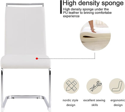 Dining Chairs Set, Kitchen Modern Metal Chairs with Faux Leather Padded Seat High Back and Sturdy Chrome Legs, Chairs for Dining Room (White, Set of 6)