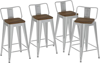 26 Inch Swivel Bar Stools Set of 4, Counter Height Bar Stools with Low Back, Metal Industrial Bar Chairs for Kitchen Island (Silver)