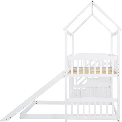 Ball & Cast Twin Over Twin Size House Bunk Bed with Slide and Storage Steps,Wood Bunkbed w/Full-Length Guard Rail & Ladder,Slat Support,Space Saving,Bedroom Furniture for Student Dorms,White