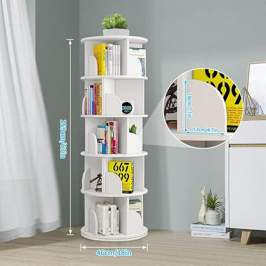 Nisorpa 5 Tier Rotating Bookshelf, 360° Revolving Bookcase Rotating Stackable Shelves Floor-Standing Storage Display Rack Used in Bedrooms Living Rooms Study Office (63"x18"x18")