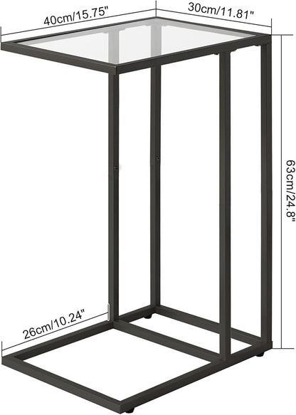 YMYNY C-Shaped End Table, Tempered Glass Sofa Side Table, nightstand for Small Place,Coffee Table for Hallway Office Bedroom Living Room, Metal Frame, Black, 24.8 * 15.75 * 11.8" UHGD001B