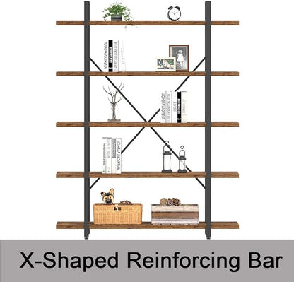 HSH Rustic Bookcases and Book Shelves 5 Shelf, Metal Wood 5 Tier Bookshelf and Storage Book Rack, Vintage Large Book Shelf for Bedroom Living Room Office,Open Vertical Display Etagere Book Case, Brown