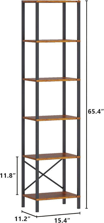 6-Tier Bookshelf, Tall Narrow Bookcase with LED Lights, Book Shelf with Steel Frame, Display Storage Shelf for Living Room, Bedroom, Home Office, Study, Balcony, Rustic Brown
