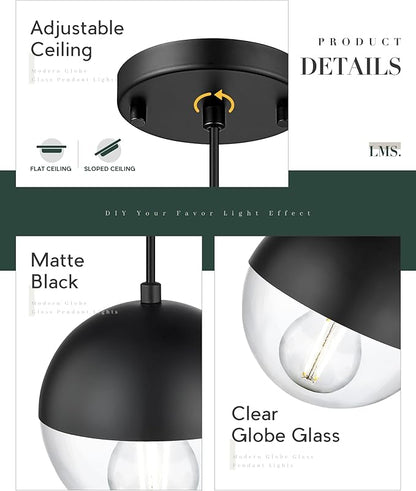 LMS 6-inch Modern Pendant Light, Matte Black Kitchen Pendant Light with Clear Globe Glass, Adjustable Hanging Farmhouse Pendant Light Fixtures for Dining Room Living Room Kitchen Island, LMS-186BKCS