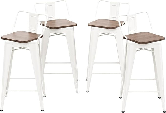 24 Inch Swivel Bar Stools Set of 4 with Backs Counter Height Industrial Metal Barstools Island Bar Chairs for Home Kitchen Dining Room (Swivel 24 inch, White Wooden)