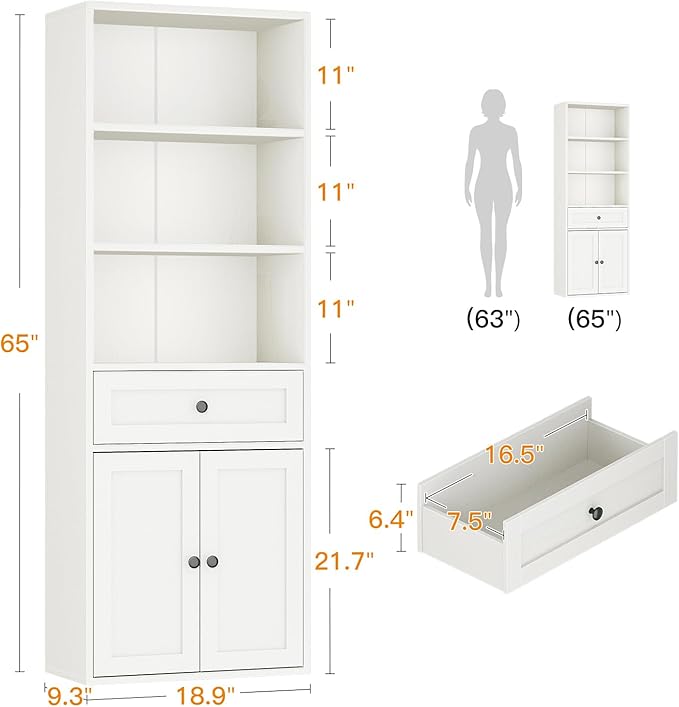 Casaottima Bookshelf and Bookcase with Doors and Drawer, Floor Standing 6-Tier Shelf Display Storage Shelves, Tall Bookcases for Home Office, Living Room, White