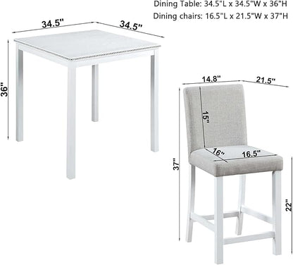Dining Table Set for 4, 5-Piece Dining Room Table Set with Square Crystal Decoration Table & 4 Upholstered Backrest Chairs, Counter Height Kitchen Sets with Wood Grain & Footrest, White