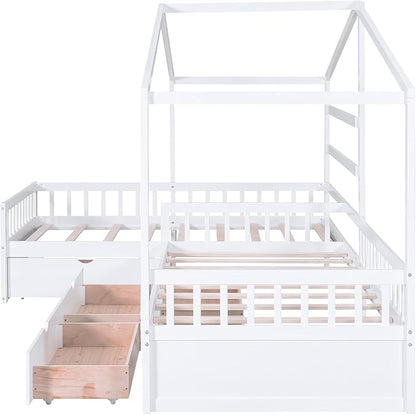 Twin Size House Platform Bed with Three Storage Drawers,Double Shared-Bed,2 in 1 Bed,L-Shaped Platform Bed for Boys Girls Shared Beds,Perfect complement to Any Small Space,White