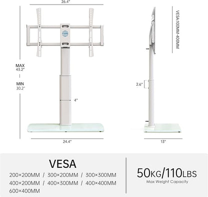 FITUEYES Universal TV Stand, Swivel TV Table Stand for 43 50-65 70 75 80 85Inch Flat Screen, Table Top TV Stand Base Replacement, Height Adjustable TV Mount Stand, Glass Base, Max Holds 110lbs