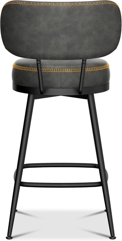 Counter Height Bar Stools, 26" H Swivel Barstools Set of 2, Faux Leather Kitchen Counter Stools with Back and Stylish Stitching, Metal Frame, Pub, Home Bar, Black Grey
