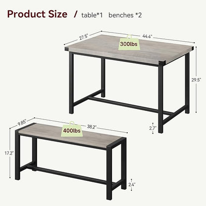 Dining Table Set for 4 with 2 Benches, 3-Piece Kitchen Table Set, Space-Saving Dining Set for Kitchen, Dining Room, Gray