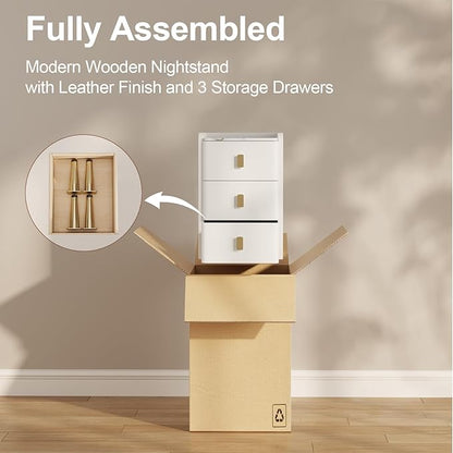Narrow Nightstand with Drawers, Narrow Side Table Leather, Small Bedside Tables for Bedroom. (White)