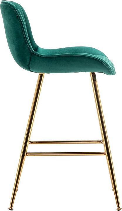 Sidanli Counter Height Bar Stools Set of 2, Modern Velvet Barstools with Back, 24 inch Seat Height Comfortable Island Stools with Gold Legs, Green