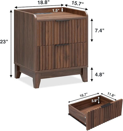 Wnutrees Fluted Nightstand with Charging Station, Modern Bedside Table with 2 Drawers, Farmhouse Wooden End Side Table for Living Room, 2Pack, Brown