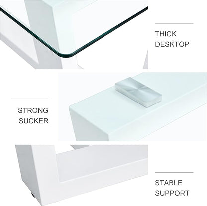 63" Modern Glass Dining Table with Rectangular Tempered Tabletop,Dinner Desk Set for 6-8 People W/Trapezoid Bracket,for Home,Kitchen,Dining Room,Office,White+Clear Finish