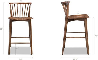 POLY & BARK Ligna Counter Stool Walnut – Mid-Century Inspired Stool with Sculpted Spindle Back – Solid American Oak Frame and Engineered Wood Veneered Seat – Fully Assembled and Ready to Use