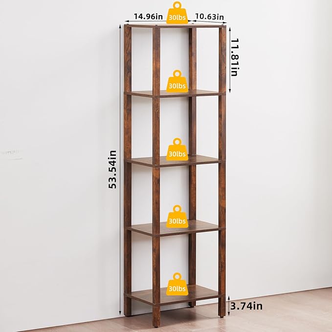 54in Tall Bookshelf 5-Tier Small Narrow Bookcase, Skinny Book Shelf for Small Space, Farmhouse Slim Shelf with Storage, Wood Freestanding Display Thin Bookshelves for Living Room, Office, Brown