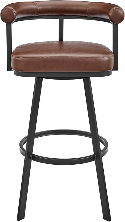 Armen Living Magnolia Swivel Counter Stool in Black Metal with Brown Faux Leather
